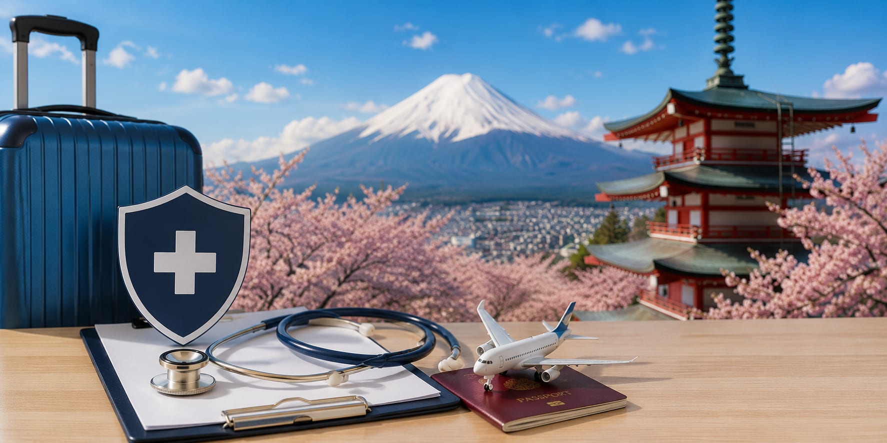 Travel insurance shield icon, stethoscope, suitcase, and passport with a model airplane, Mount Fuji and a pagoda in the background